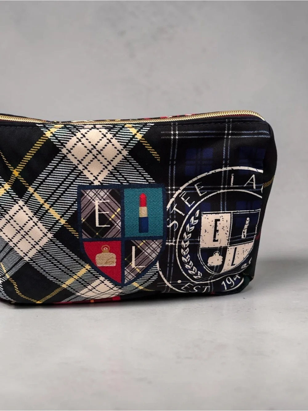Estee Lauder Navy, Cream and Gold Plaid Cosmetic Pouch with Crest
